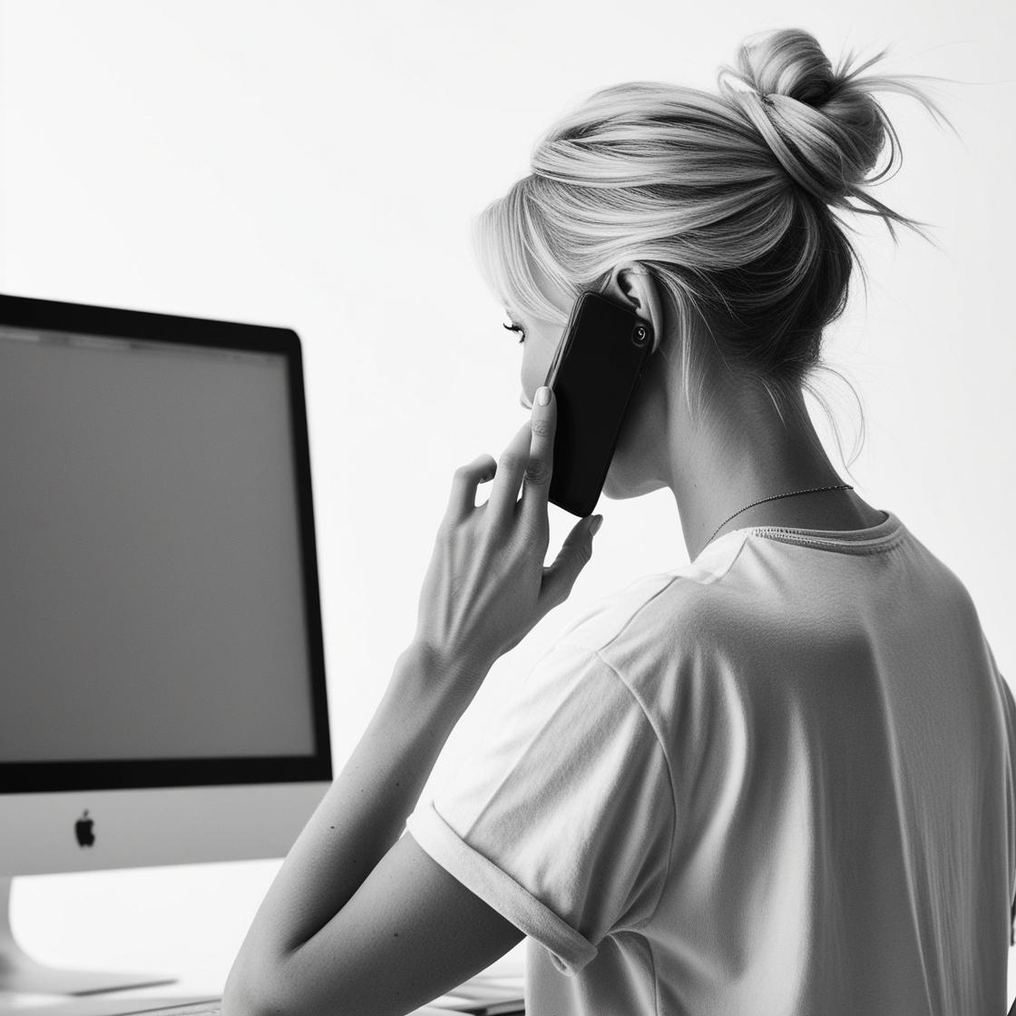 Assistante blonde de dos au téléphone symbolisant la proximité et la réactivité